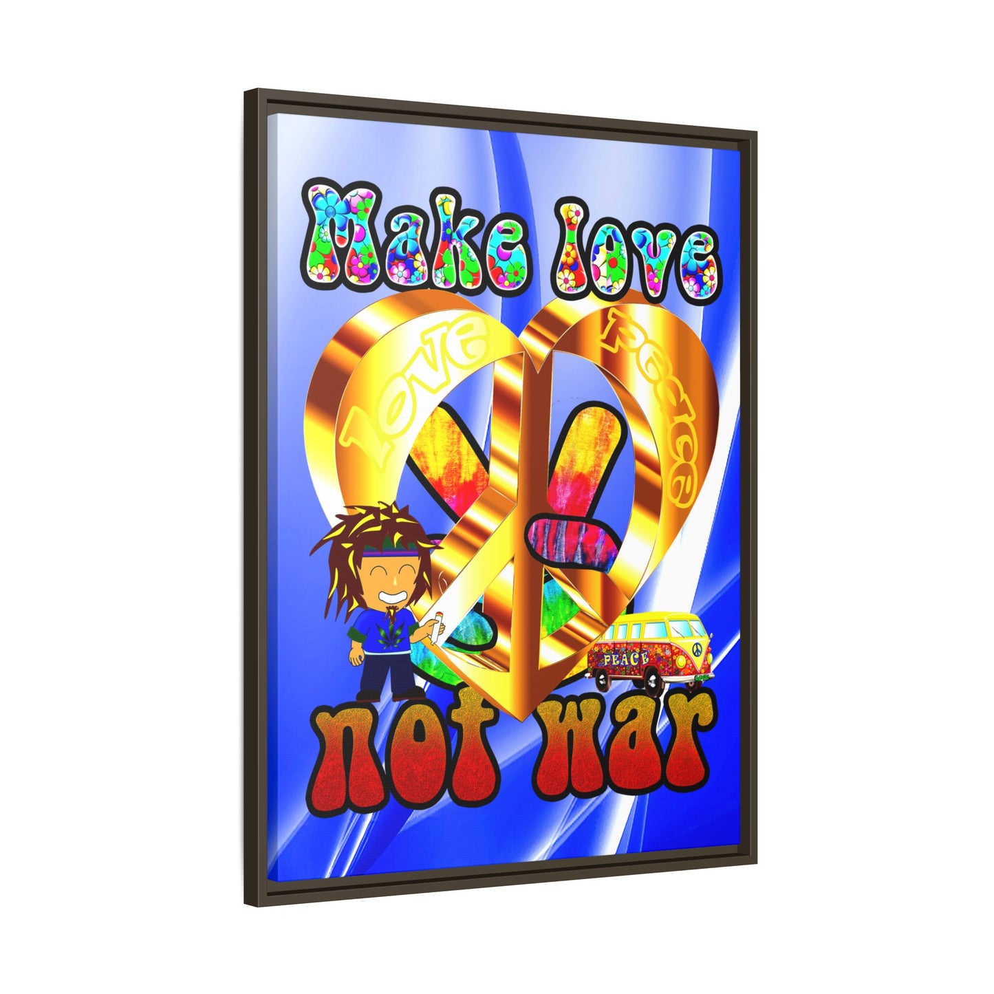 love peace - framed canvas art (blue-white wave)