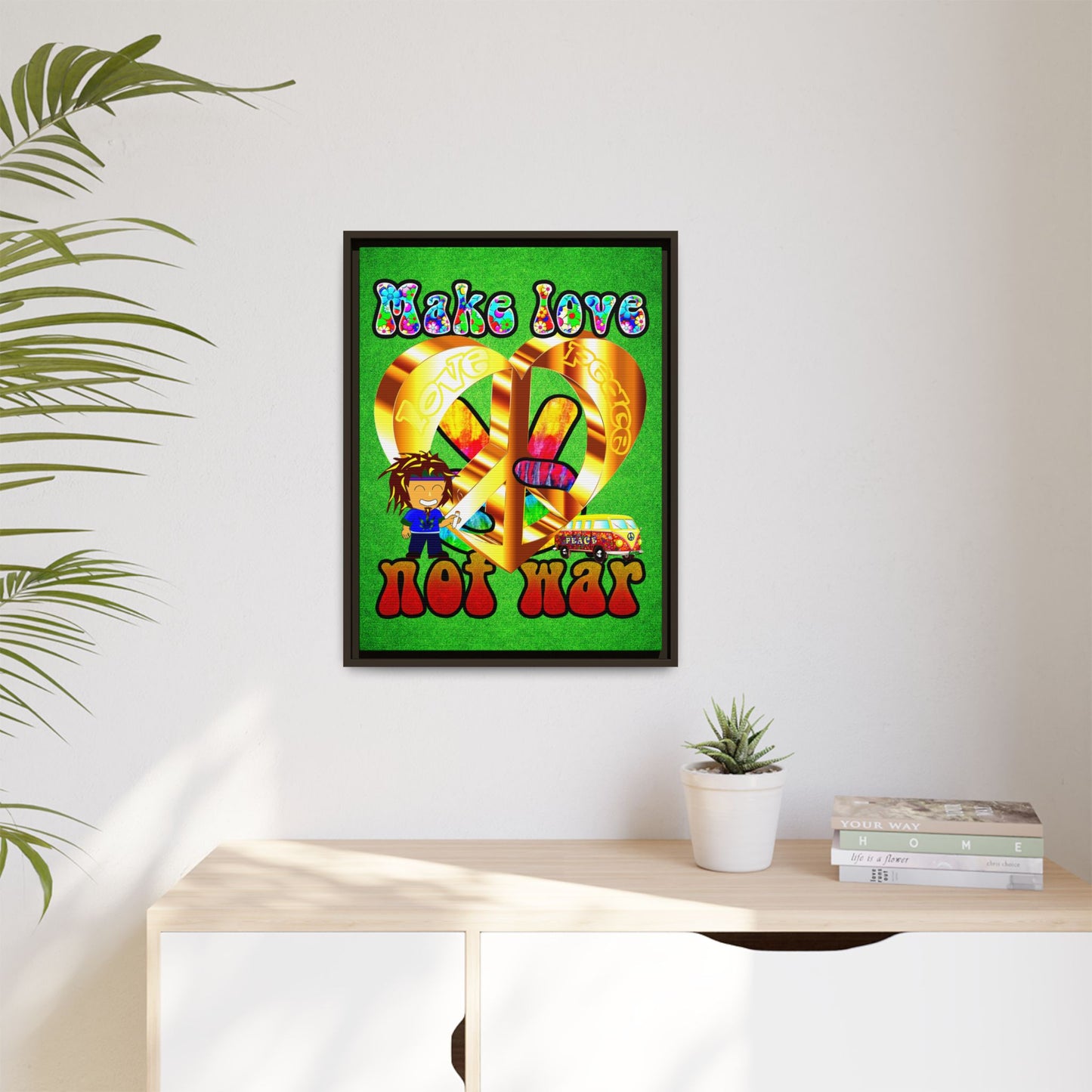 love peace - framed canvas art (green turf)