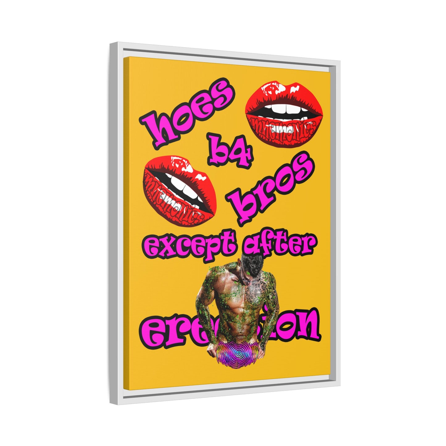 hoes b4 bros - framed canvas art (yellow)