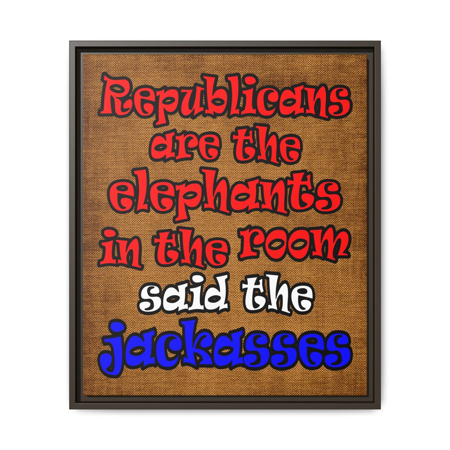 donkeys and elephants - framed canvas art (brown papyrus)