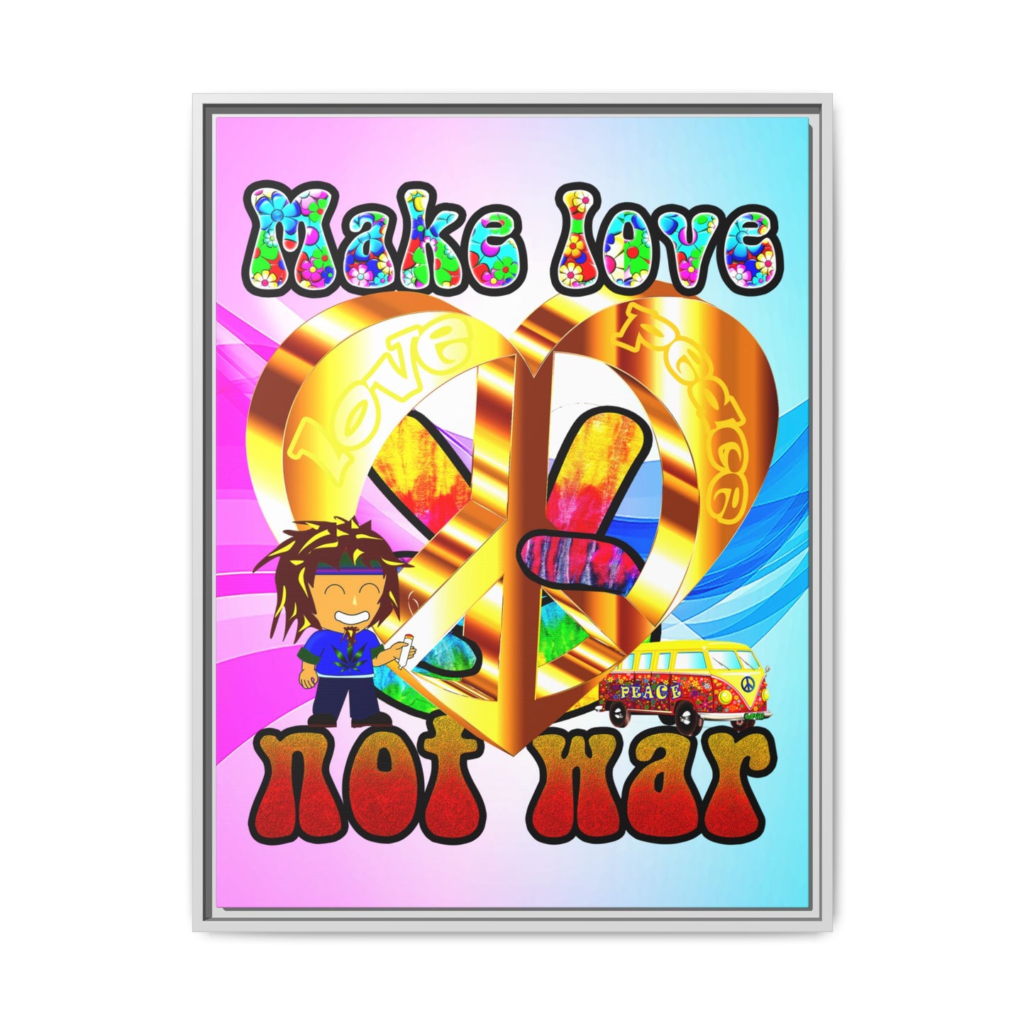 love peace - framed canvas art (light blue-pink wave)