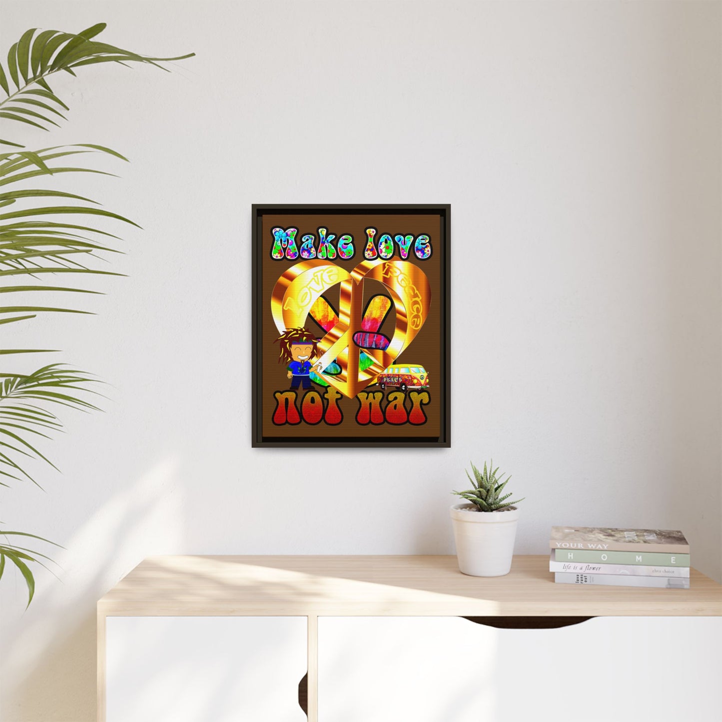 love peace - framed canvas art (brown)