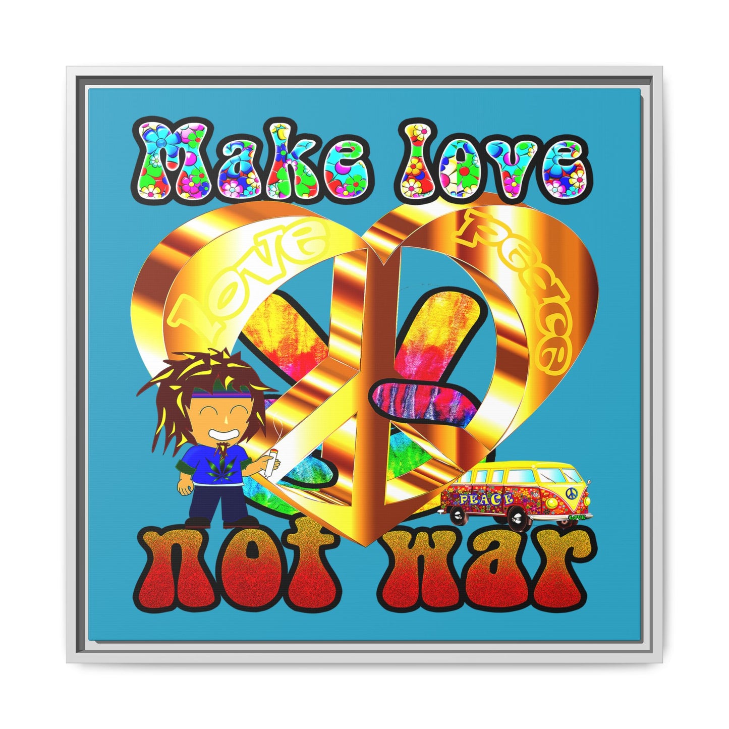 love peace - framed canvas art (turquoise)