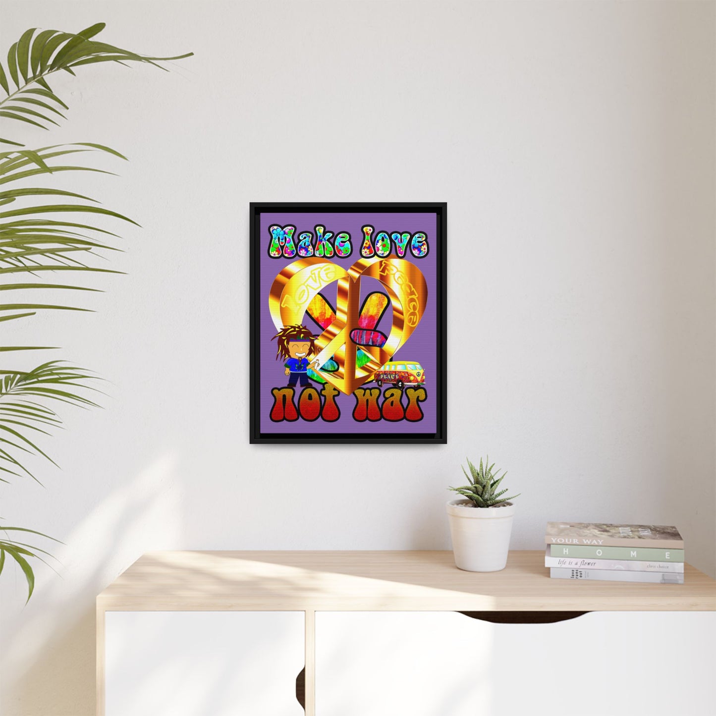 love peace - framed canvas art (light purple)