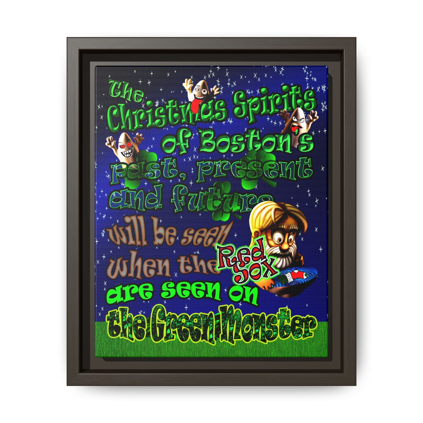christmas spirits of boston - framed canvas art ('snoops' background)