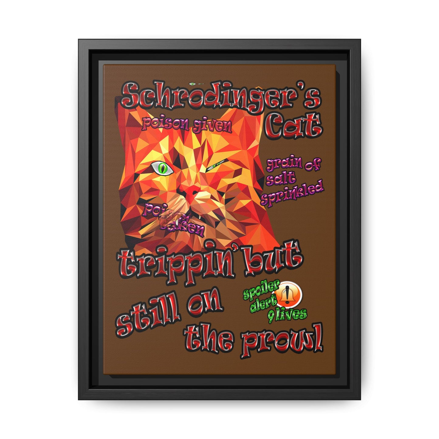 schrodinger's cat - framed canvas art (brown)
