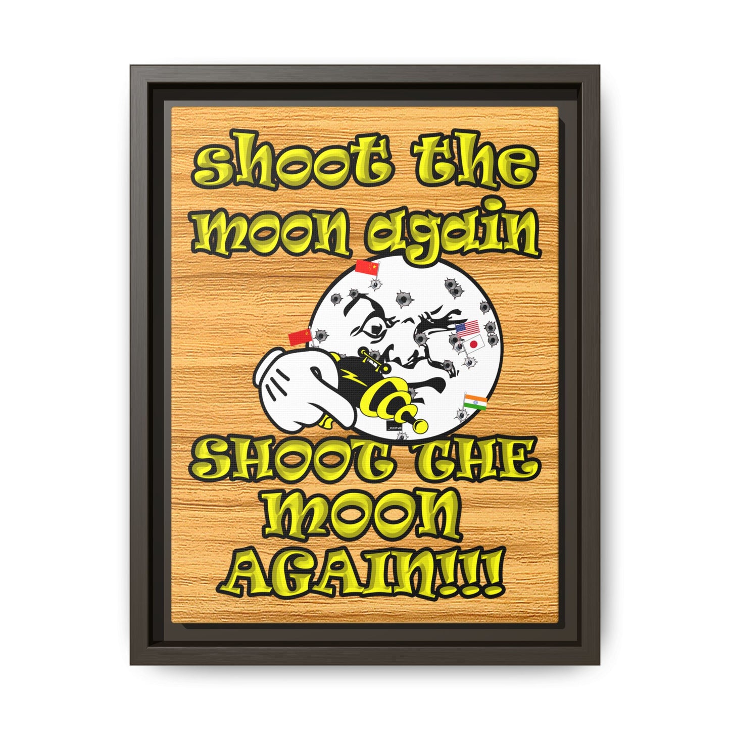 shoot the moon again - framed canvas art (butterscotch wood finish)