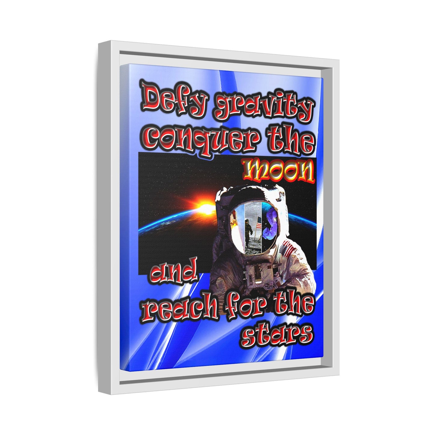 defy conquer reach - framed canvas art (blue-white wave)
