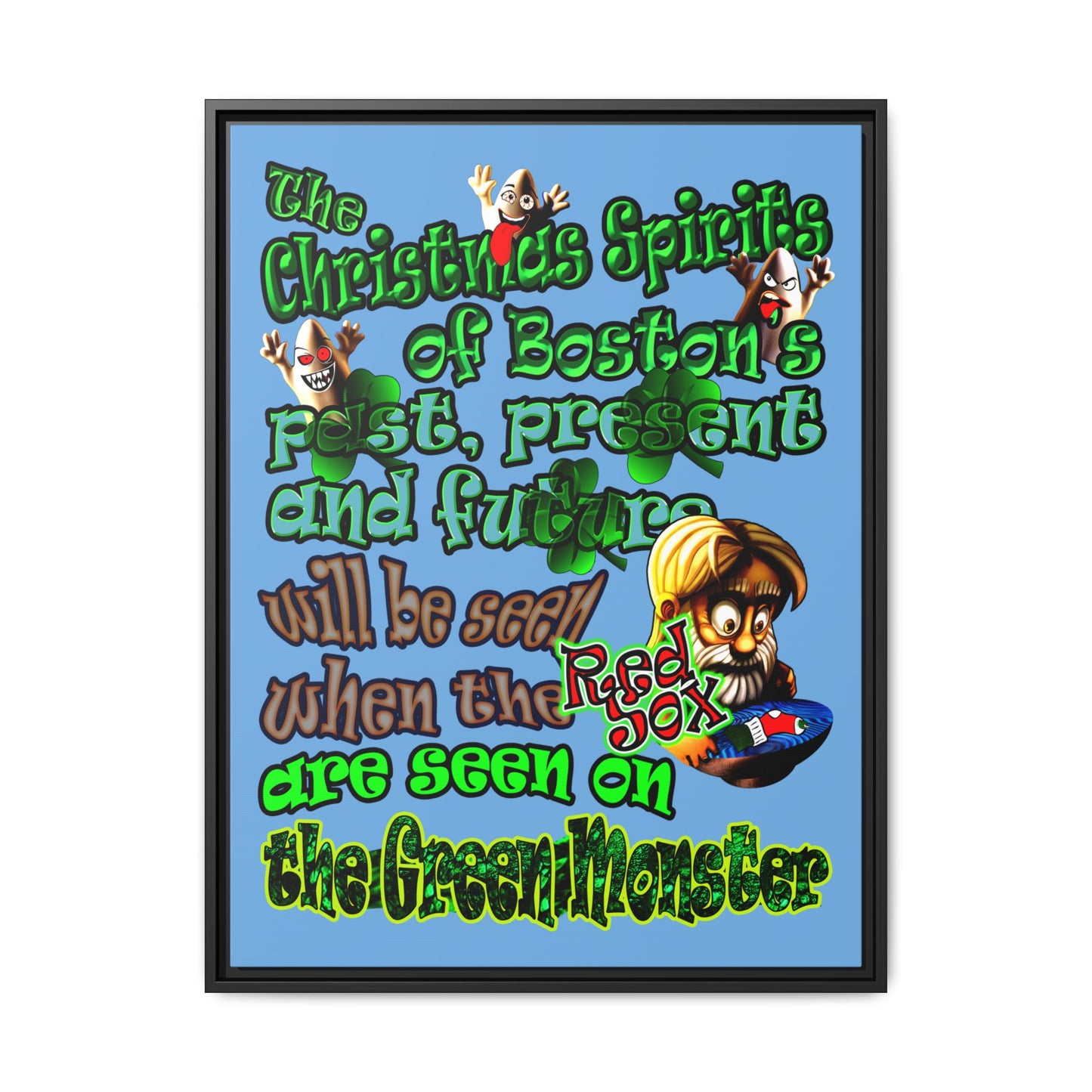 christmas spirits of boston - framed canvas art (light blue)