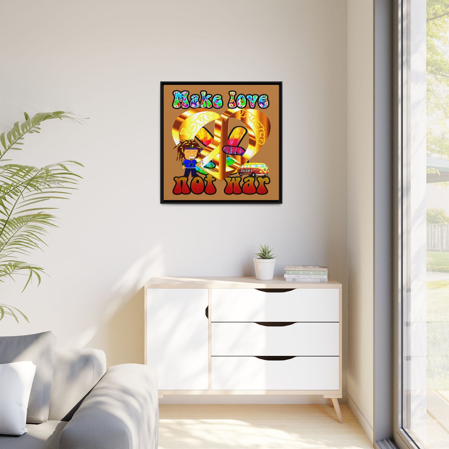love peace - framed canvas art (light brown)