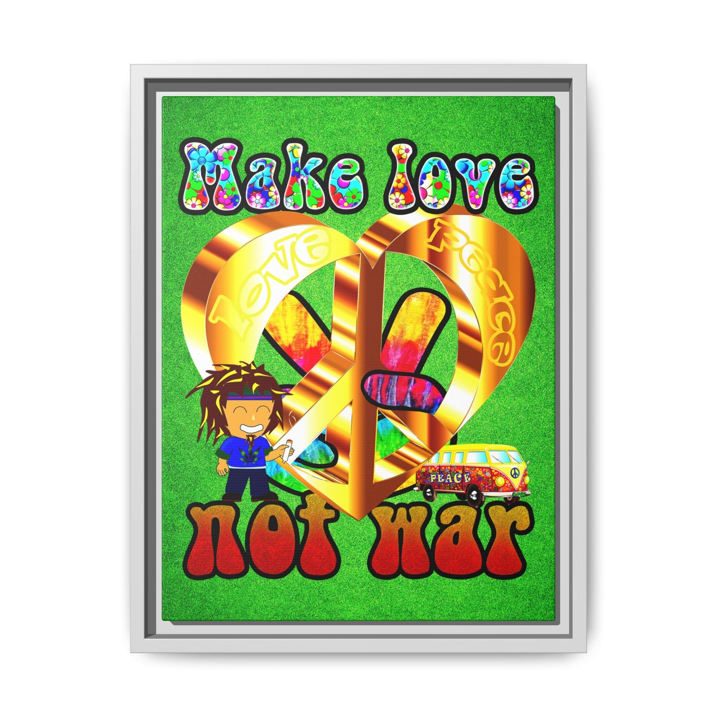 love peace - framed canvas art (green turf)