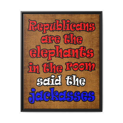 donkeys and elephants - framed canvas art (brown papyrus)