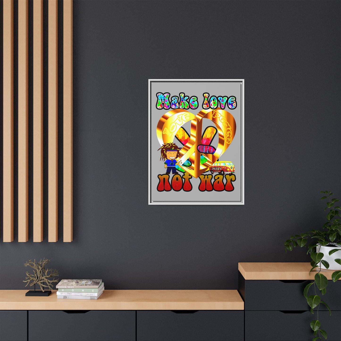 love peace - framed canvas art (light grey)