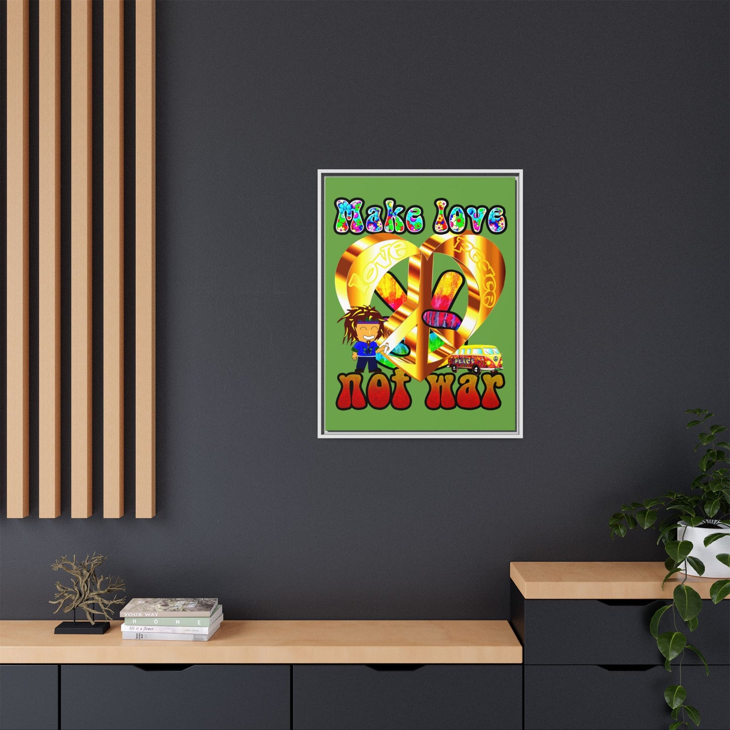 love peace - framed canvas art (green)