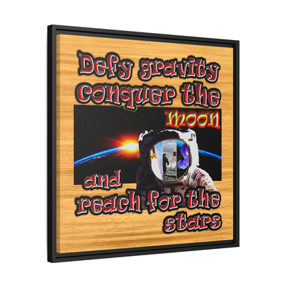 defy conquer reach - framed canvas art (butterscotch wood finish)