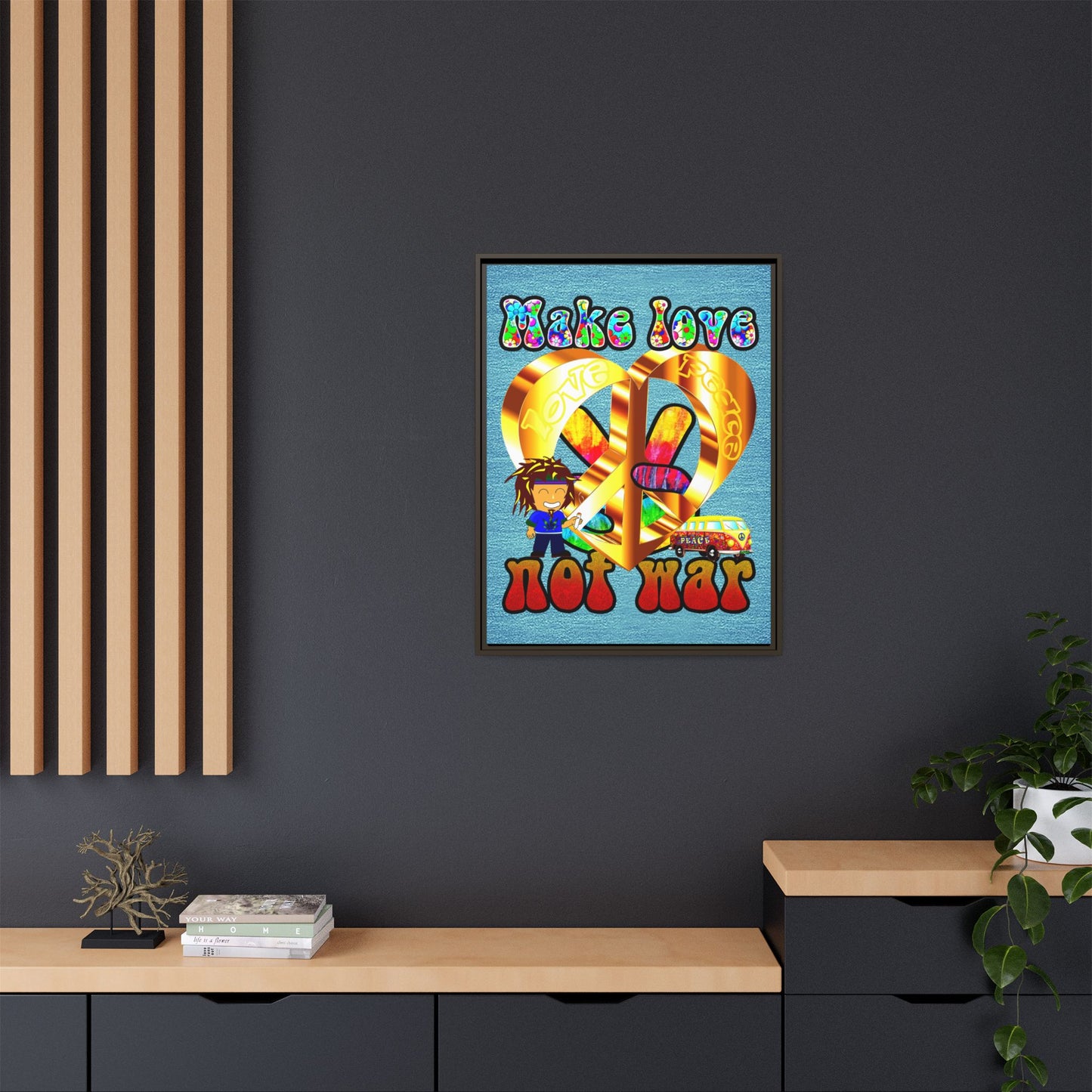 love peace - framed canvas art (faded blue)