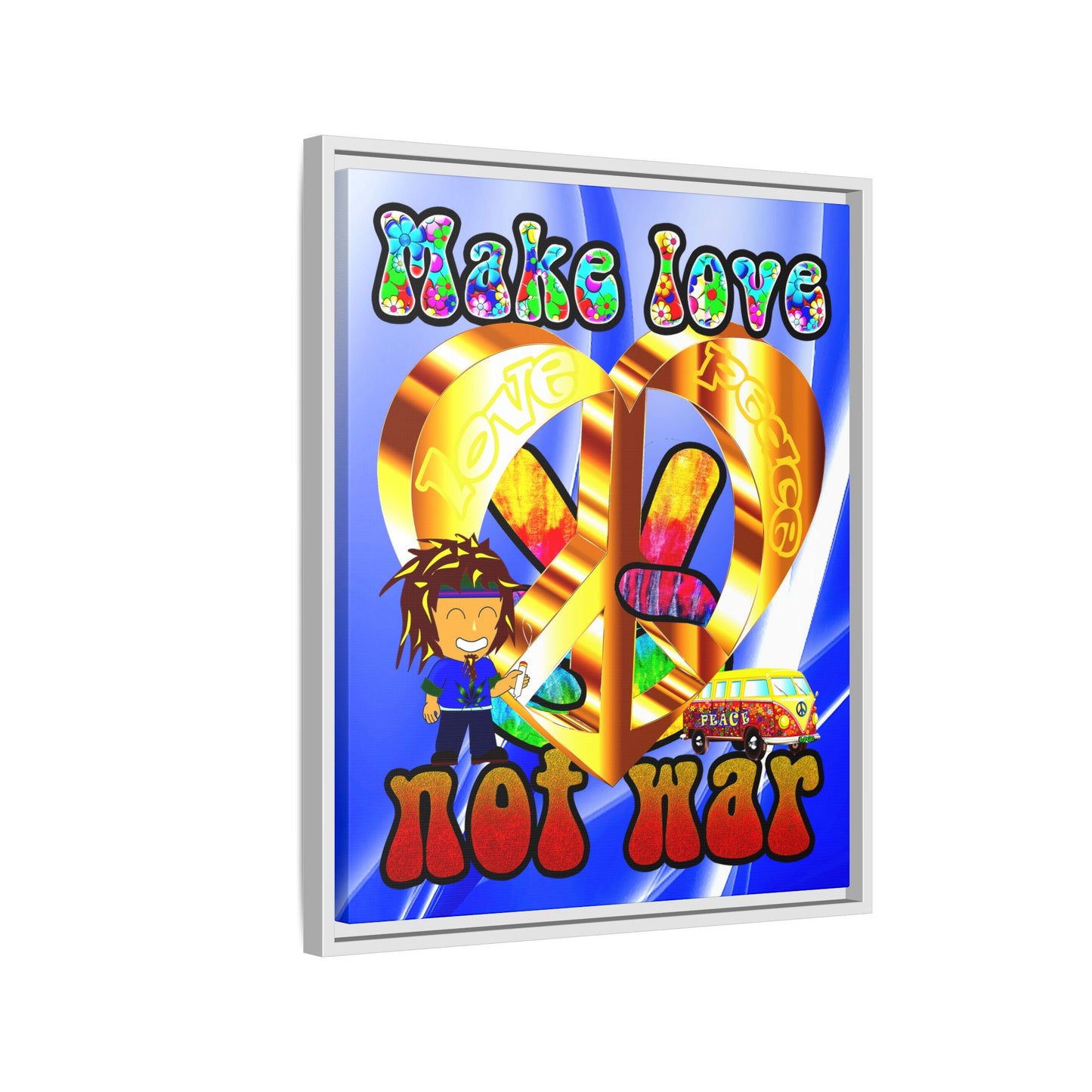 love peace - framed canvas art (blue-white wave)