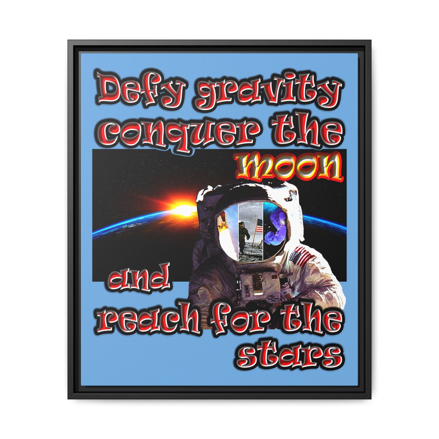 defy conquer reach - framed canvas art (light blue)