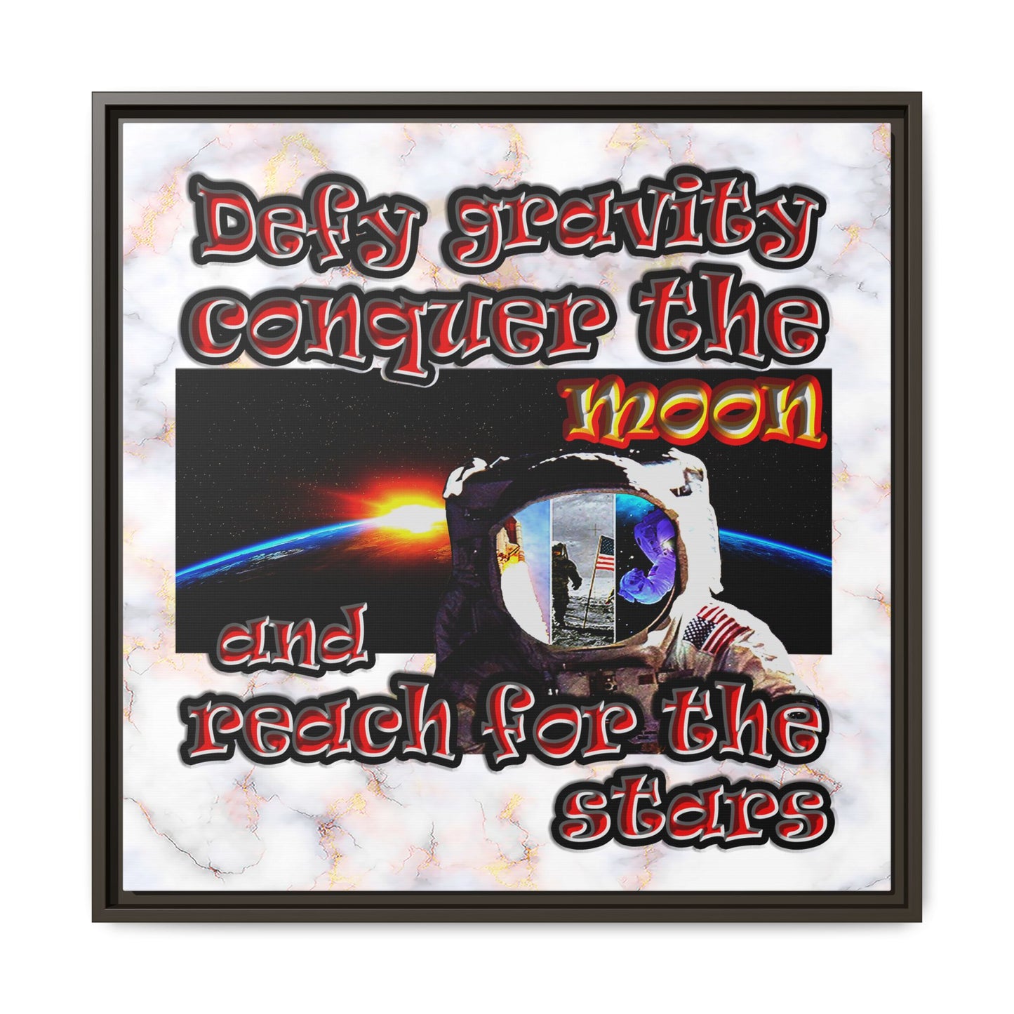 defy conquer reach - framed canvas art (white marble)