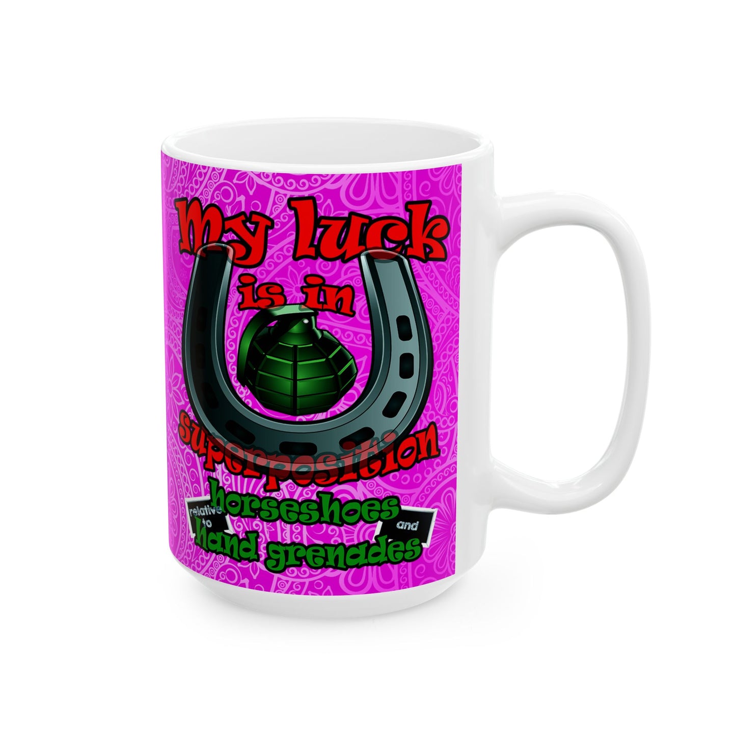 my luck - White Mug (pink swirl)