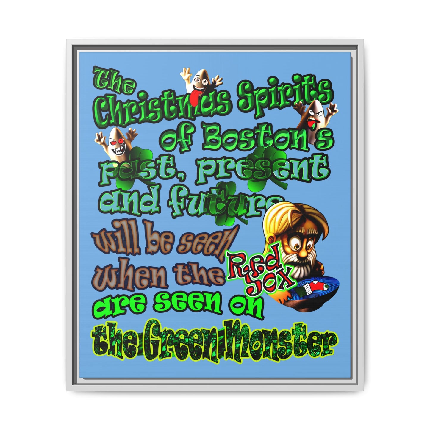 christmas spirits of boston - framed canvas art (light blue)