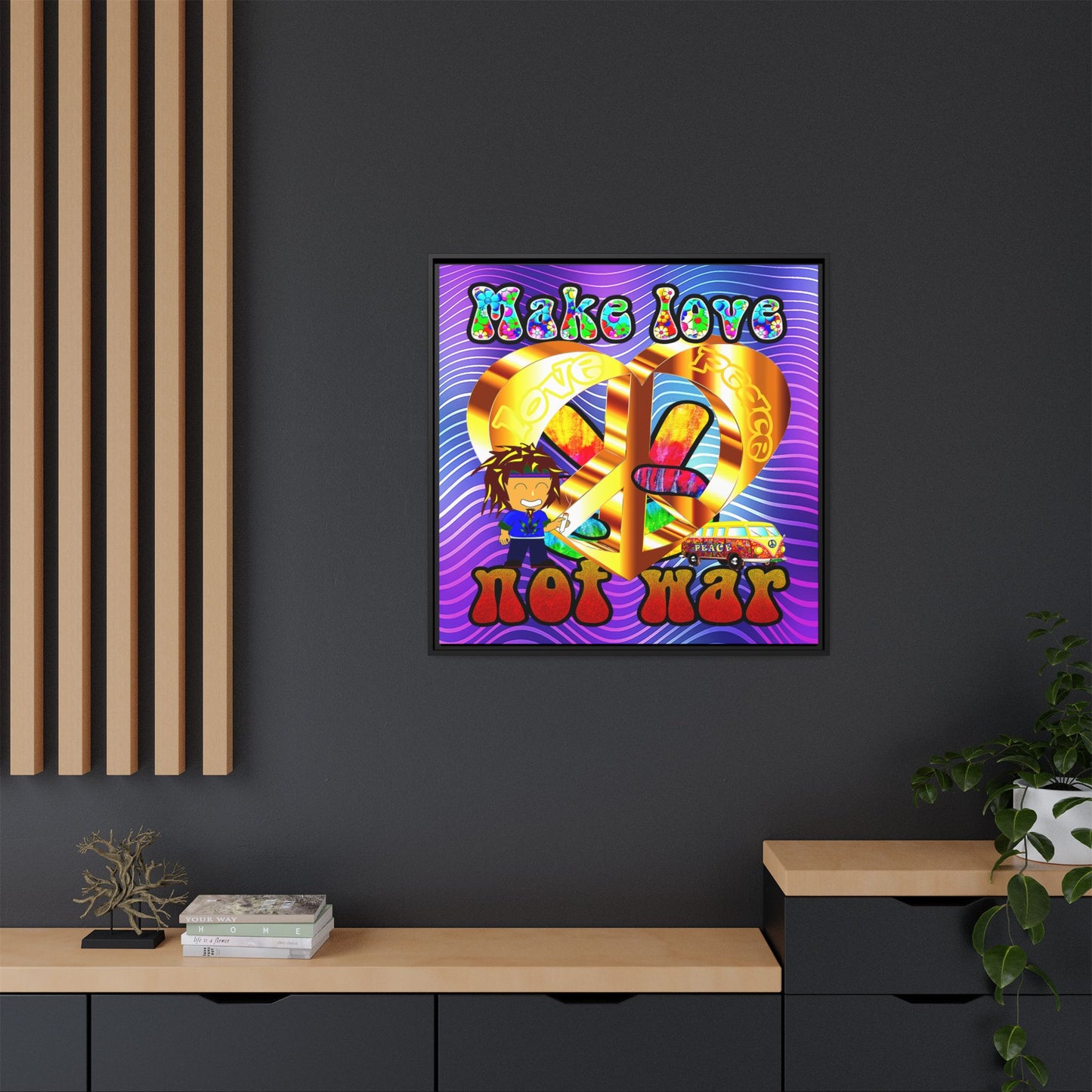 love peace - framed canvas art (purple wave)