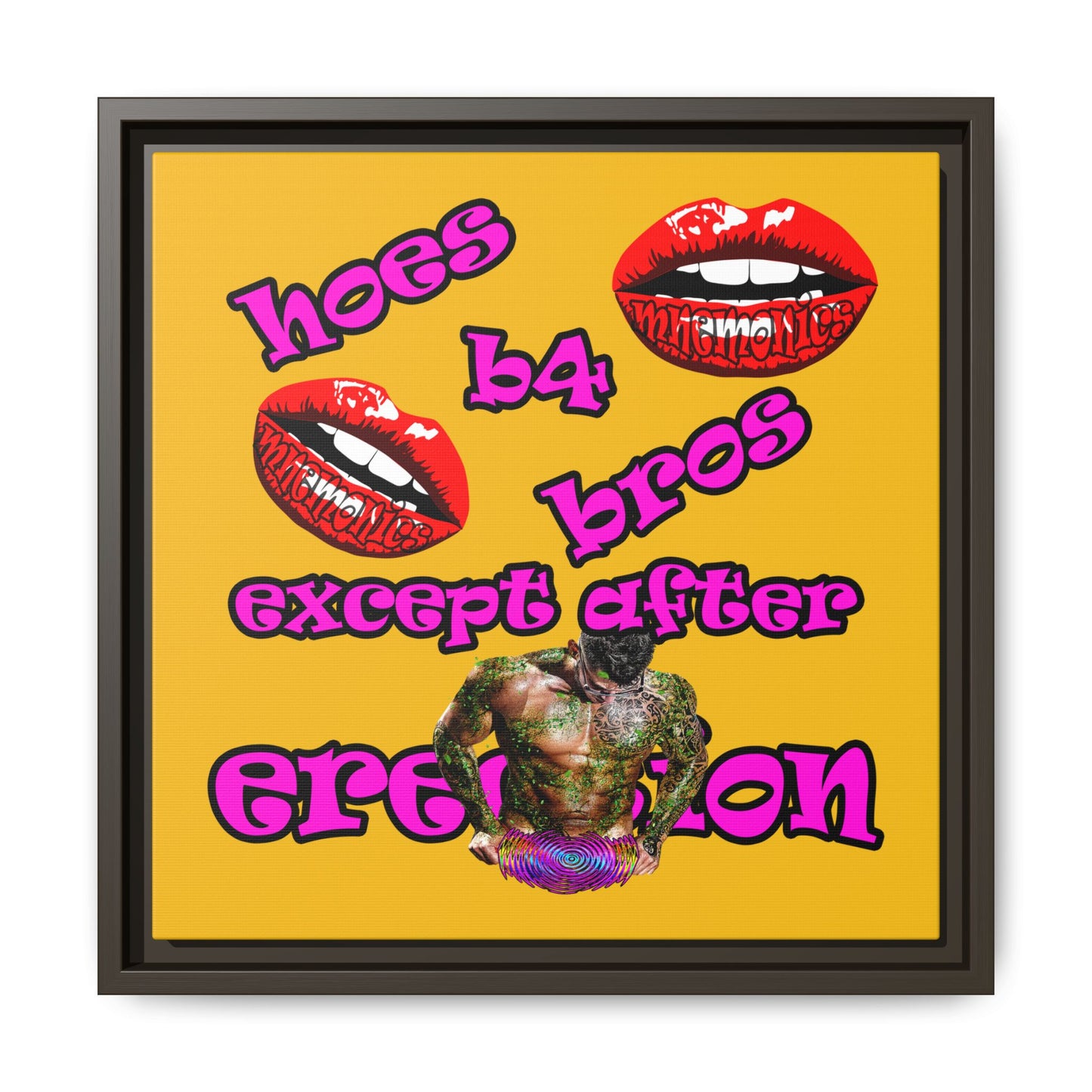 hoes b4 bros - framed canvas art (yellow)