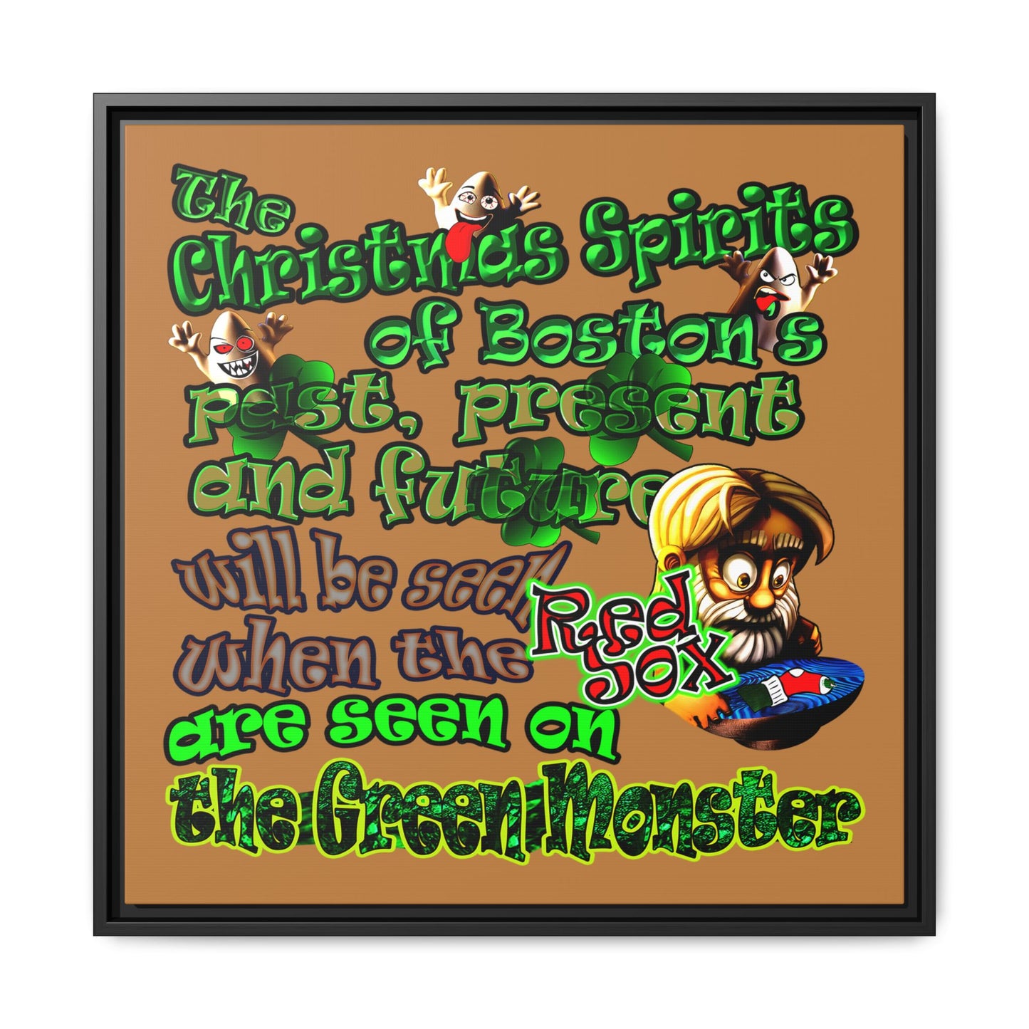 christmas spirits of boston - framed canvas art (light brown)
