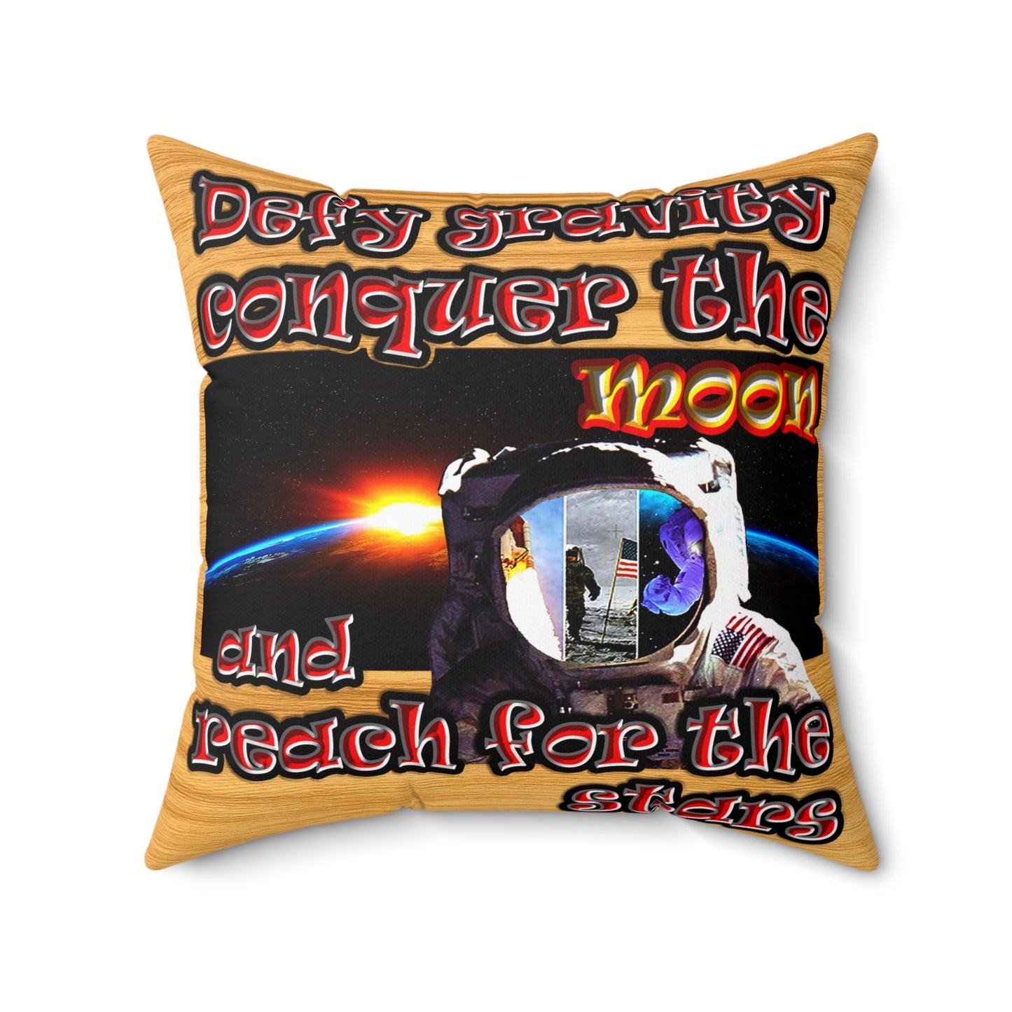 defy conquer reach - Spun Polyester Square Pillow - (butterscotch wood finish)