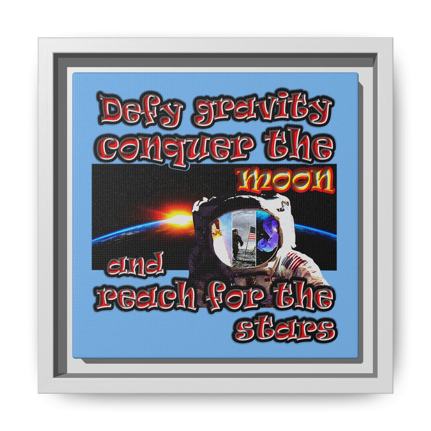 defy conquer reach - framed canvas art (light blue)