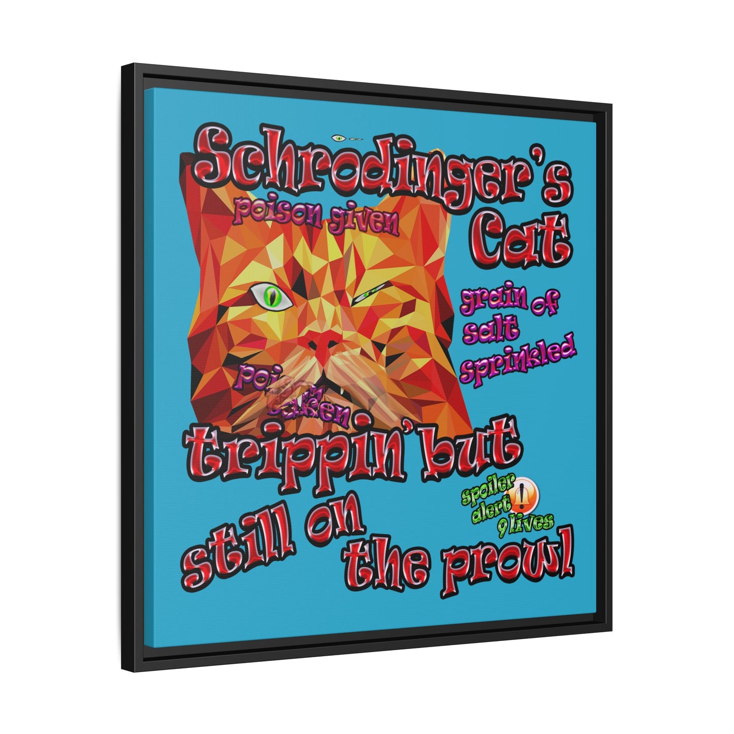 schrodinger's cat - framed canvas art (turquoise)