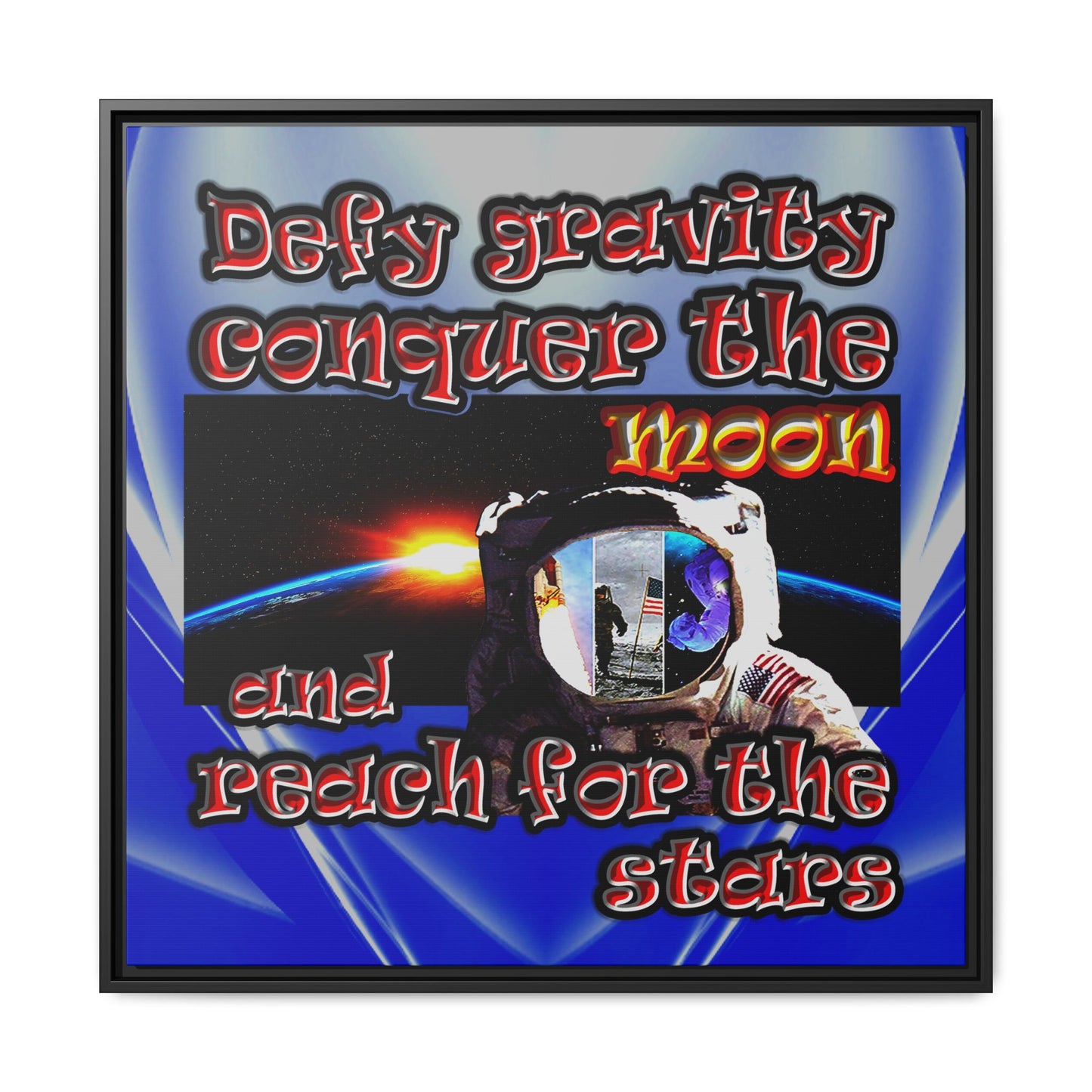 defy conquer reach - framed canvas art (blue-white wave)