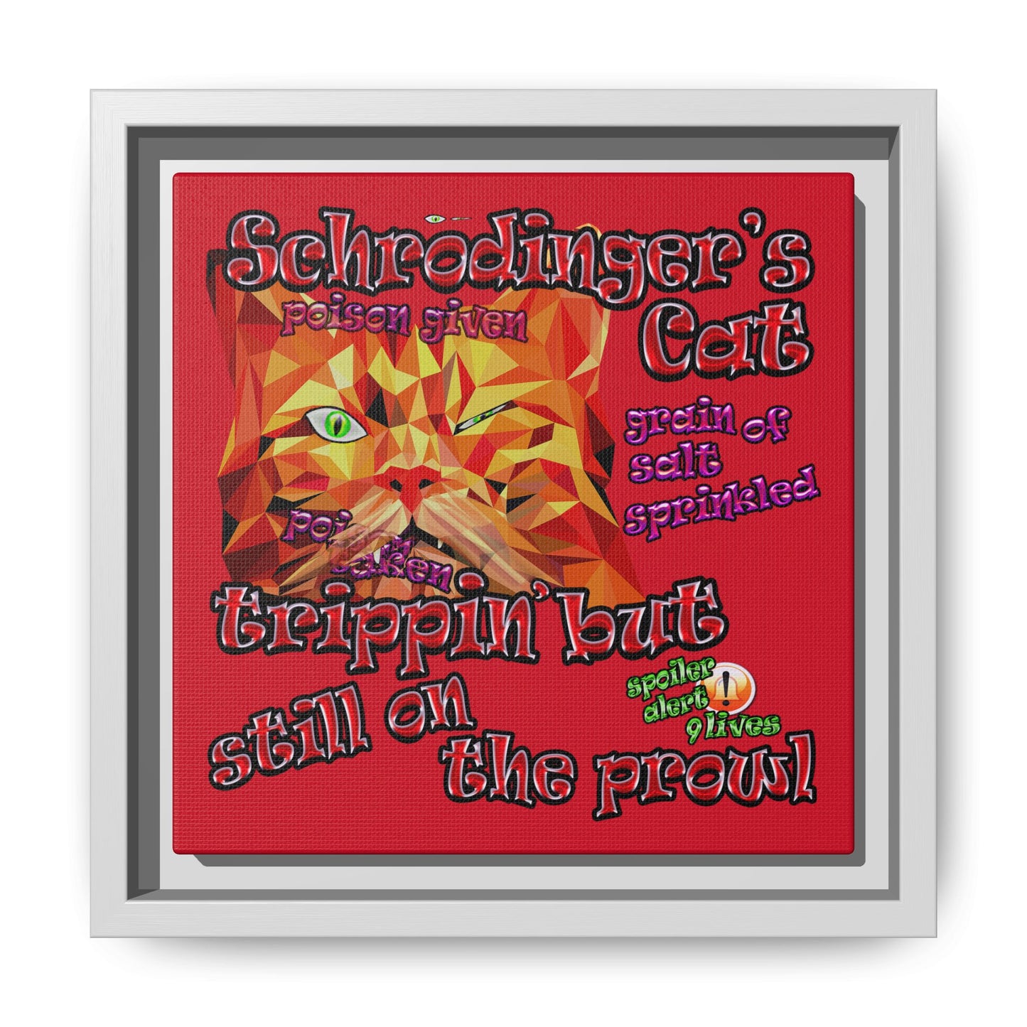 schrodinger's cat - framed canvas art (dark red)