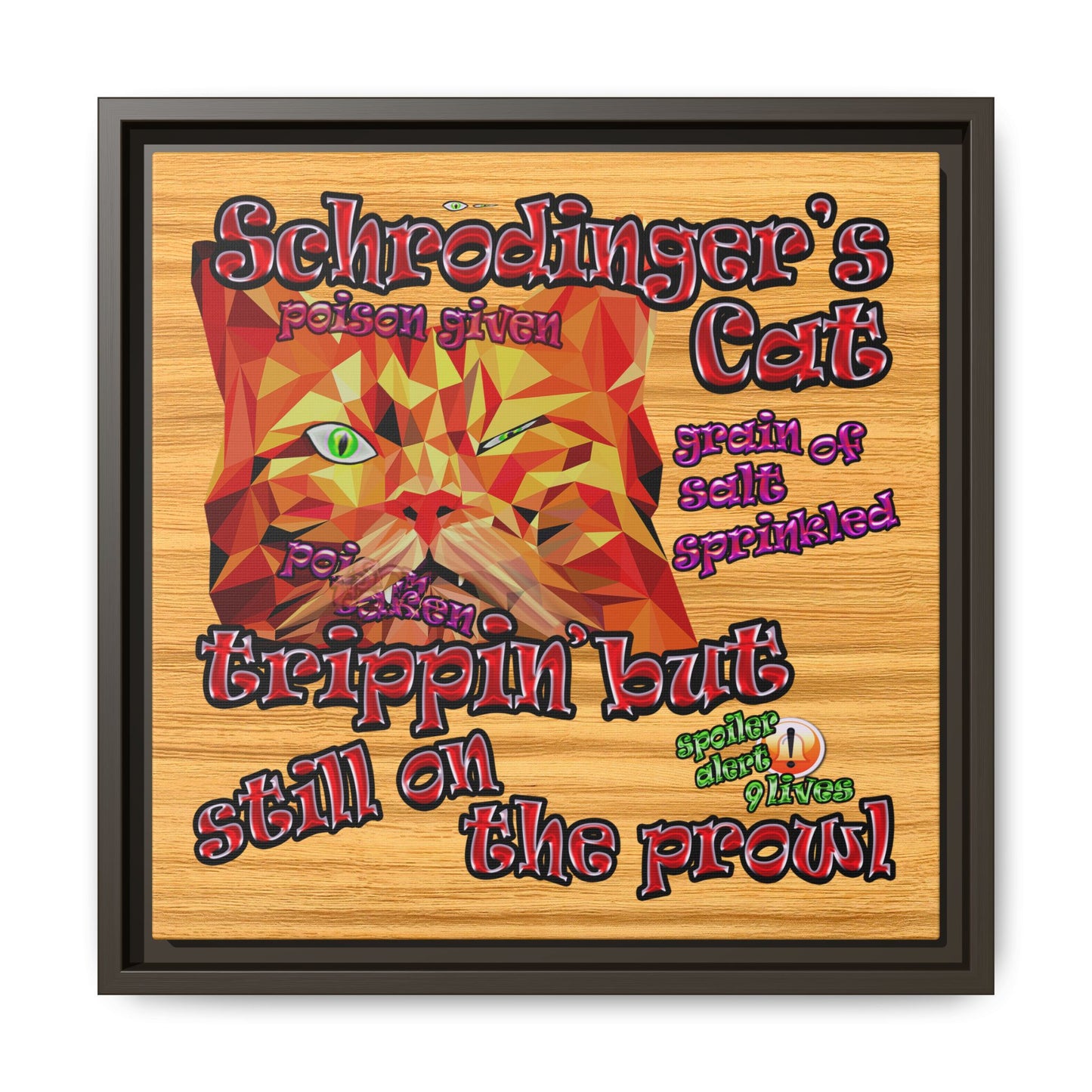 schrodinger's cat - framed canvas art (butterscotch wood finish)