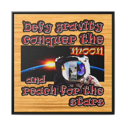 defy conquer reach - framed canvas art (butterscotch wood finish)