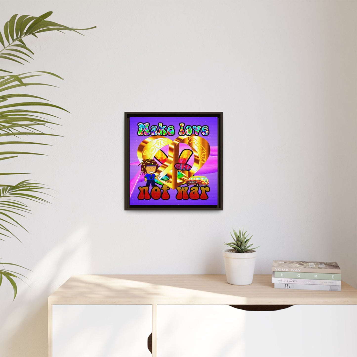 love peace - framed canvas art (purple-pink wave)