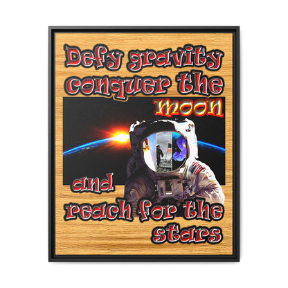 defy conquer reach - framed canvas art (butterscotch wood finish)