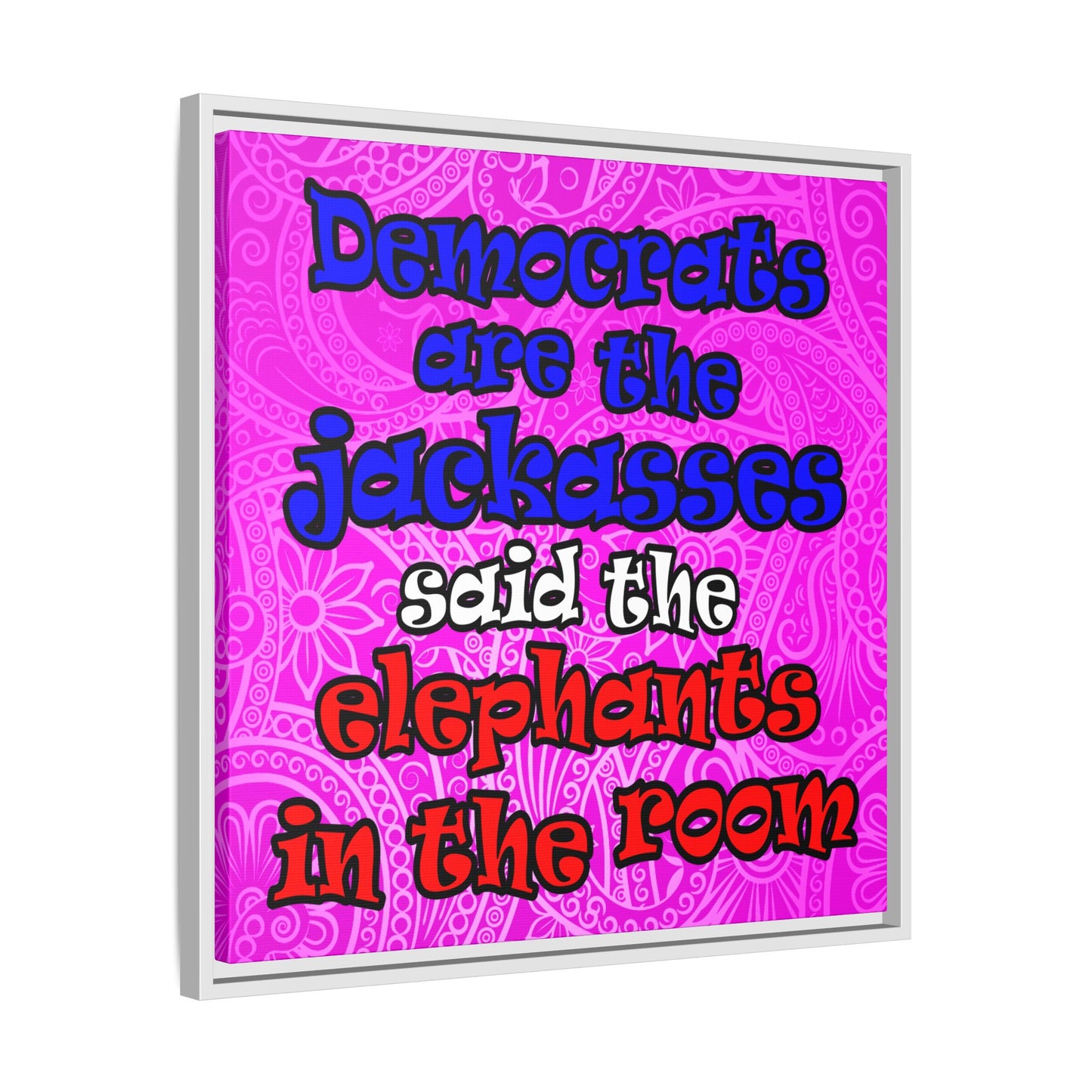 donkeys and elephants - framed canvas art (pink swirl)