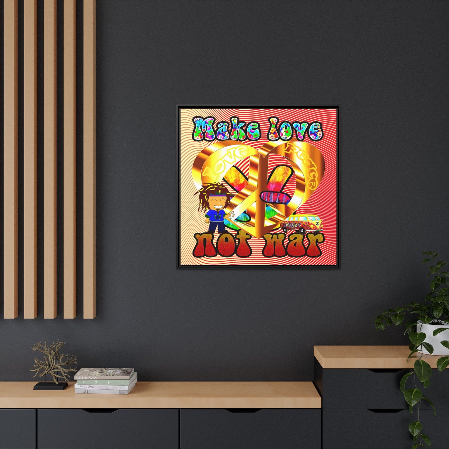 love peace - framed canvas art (yellow-orange wave)