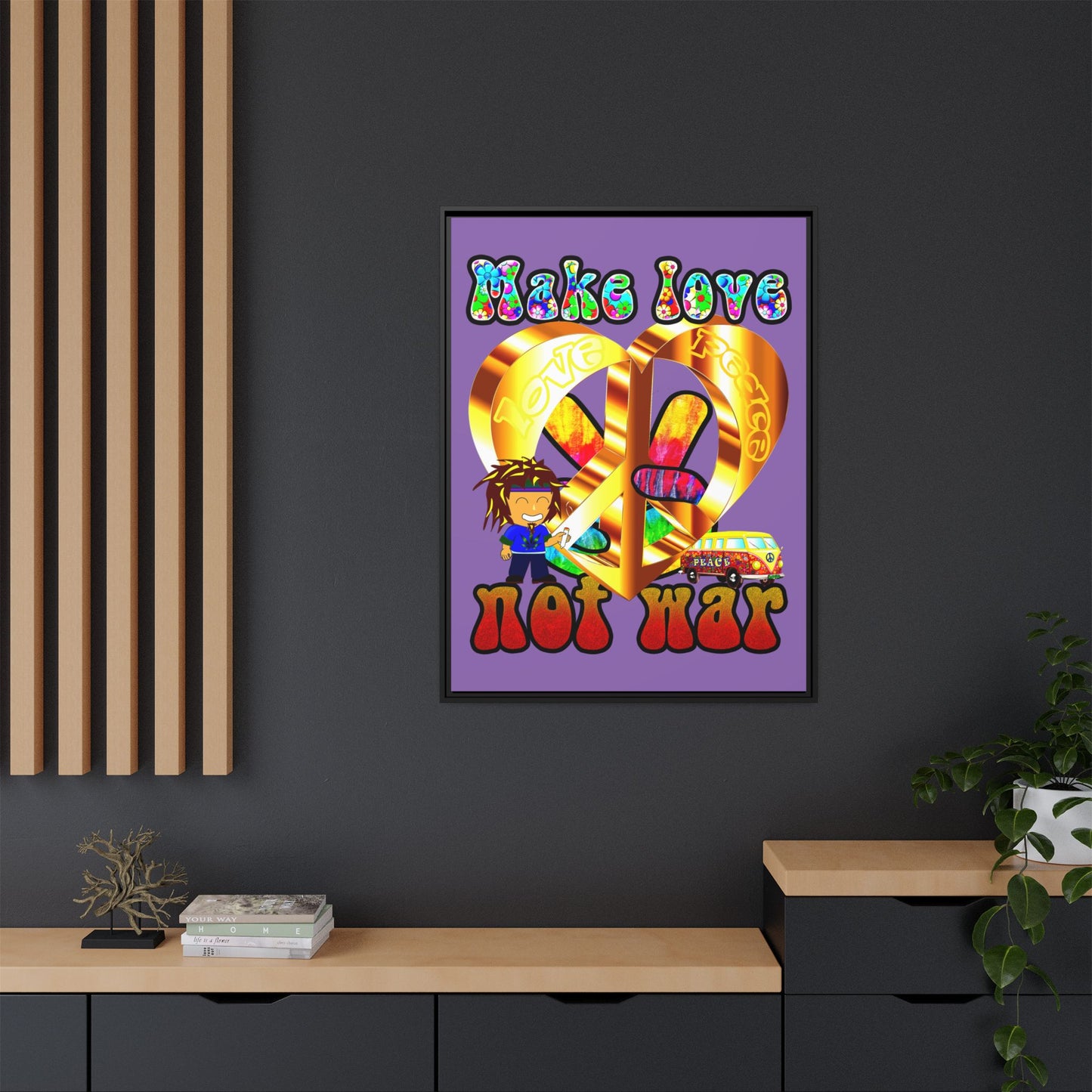 love peace - framed canvas art (light purple)
