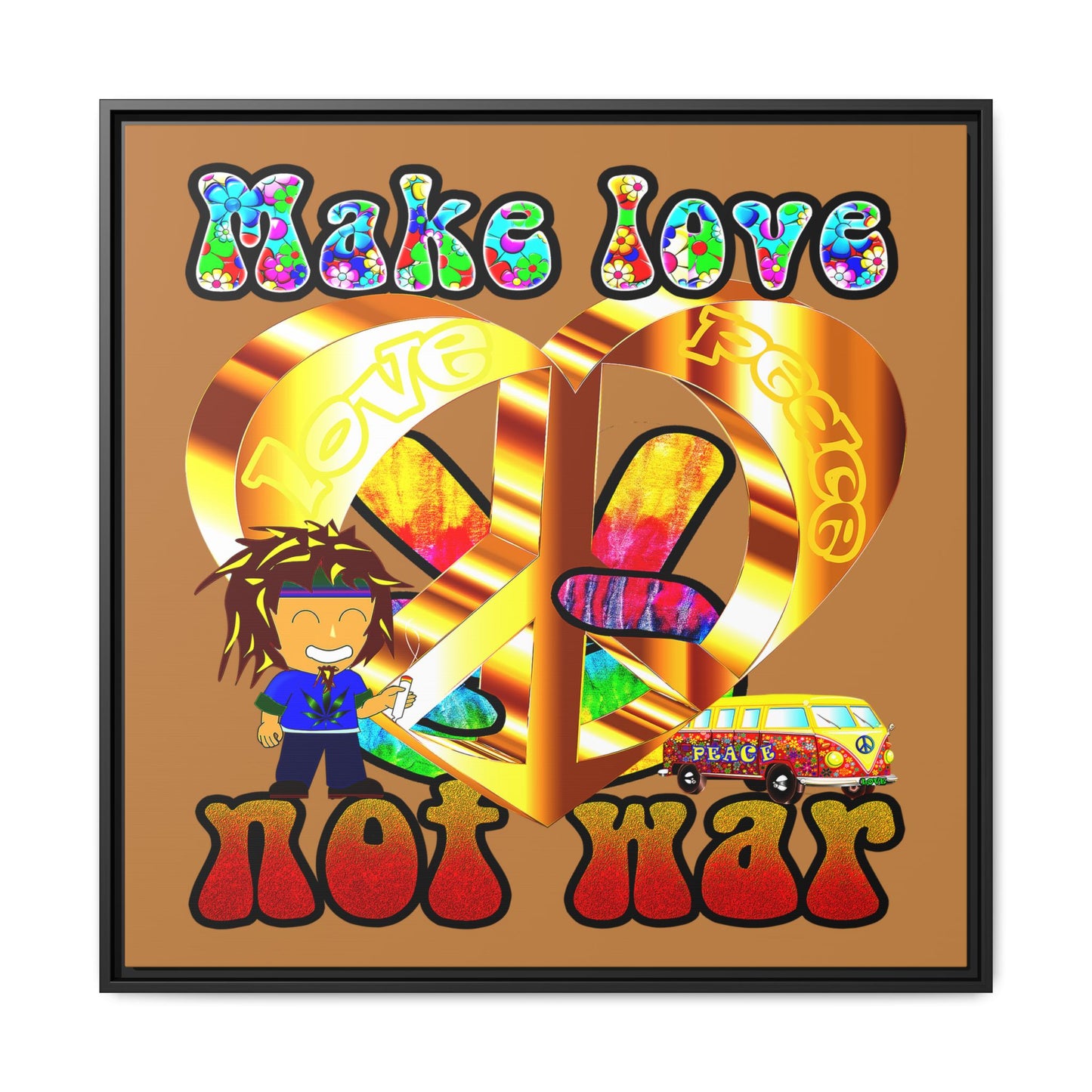 love peace - framed canvas art (light brown)