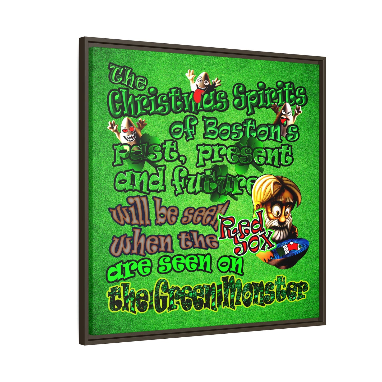 christmas spirits of boston - framed canvas art (green turf)