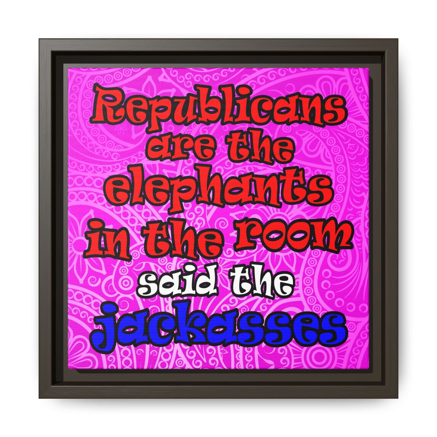 donkeys and elephants - framed canvas art (pink swirl)