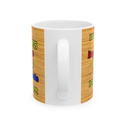 popping like popcorn - White Mug (butterscotch wood finish)
