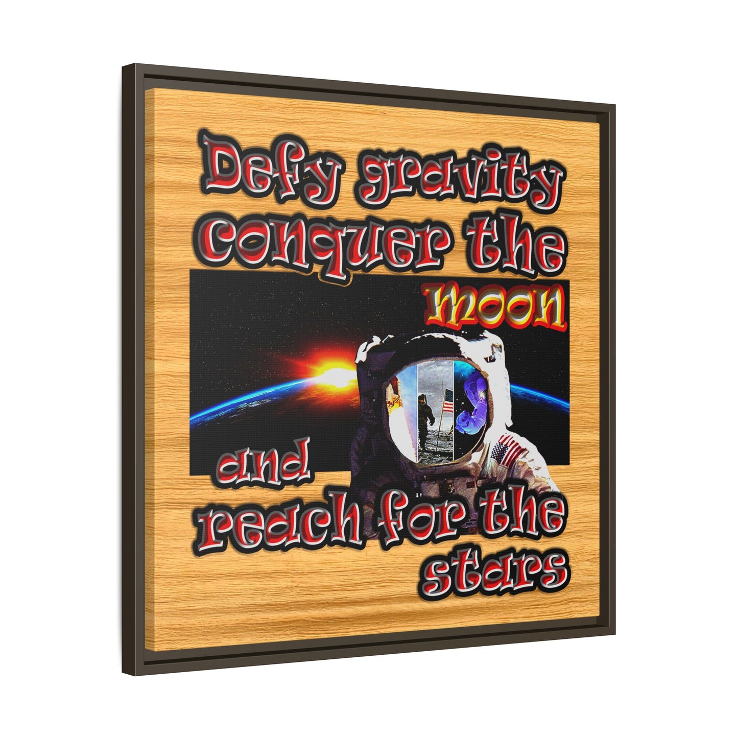 defy conquer reach - framed canvas art (butterscotch wood finish)