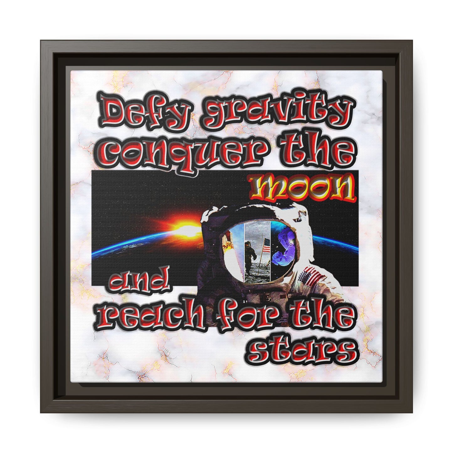 defy conquer reach - framed canvas art (white marble)