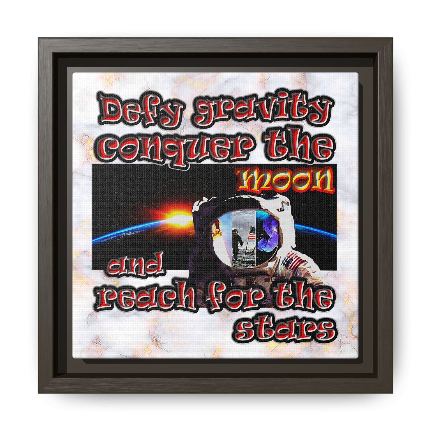 defy conquer reach - framed canvas art (white marble)