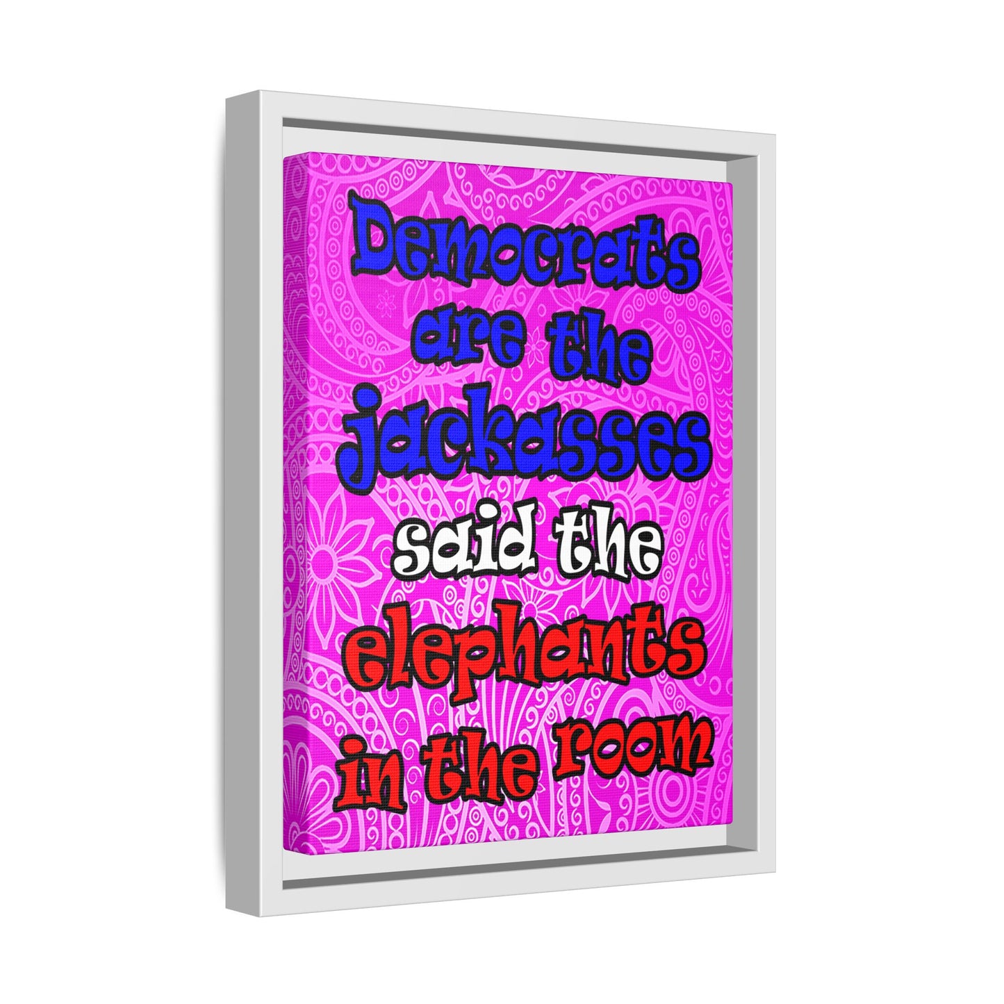 donkeys and elephants - framed canvas art (pink swirl)
