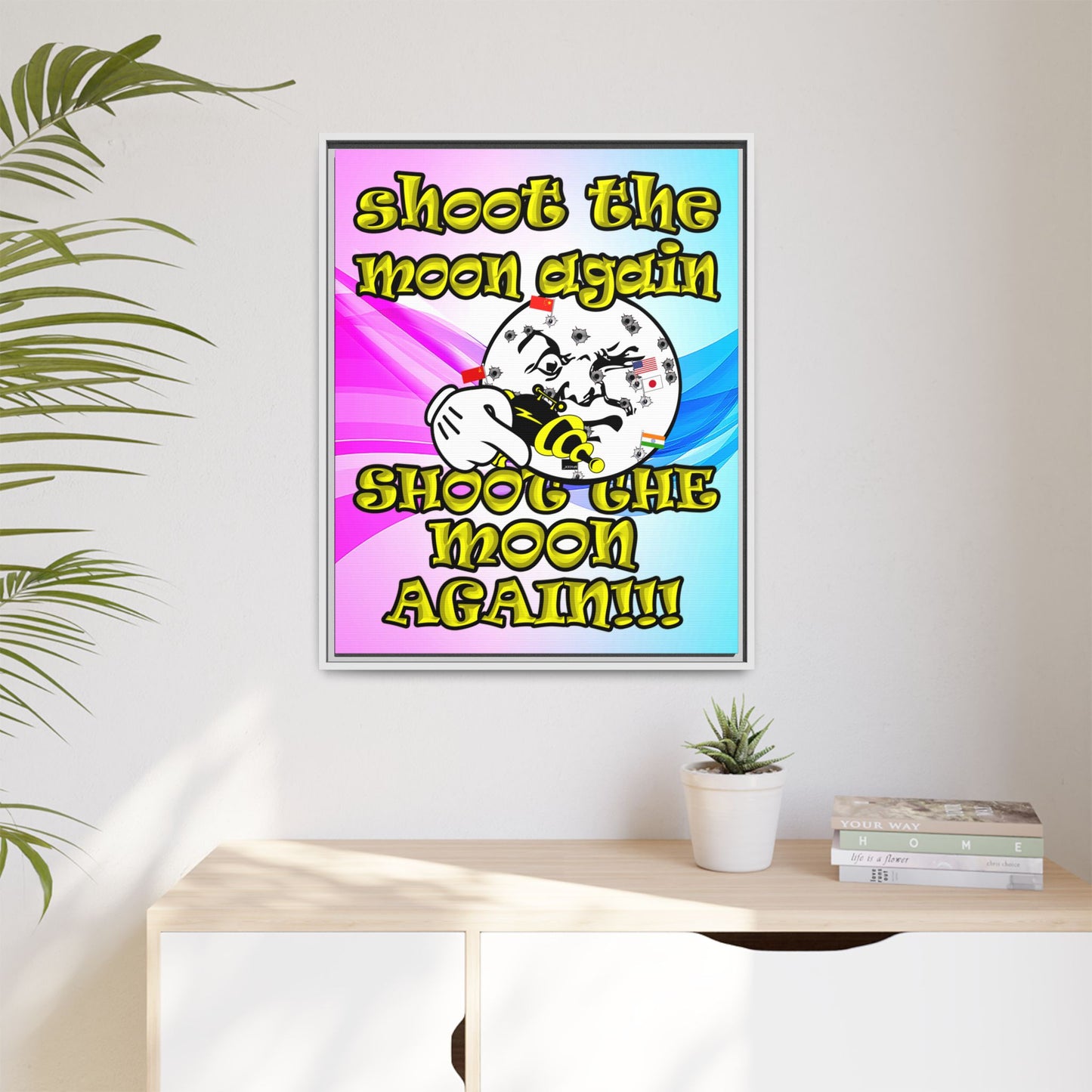 shoot the moon again - framed canvas art (light blue-pink wave)