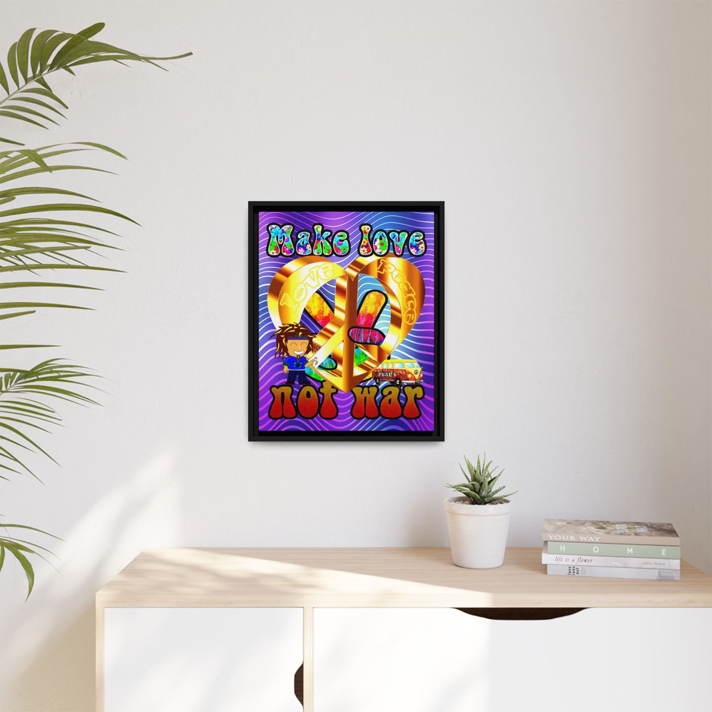 love peace - framed canvas art (purple wave)